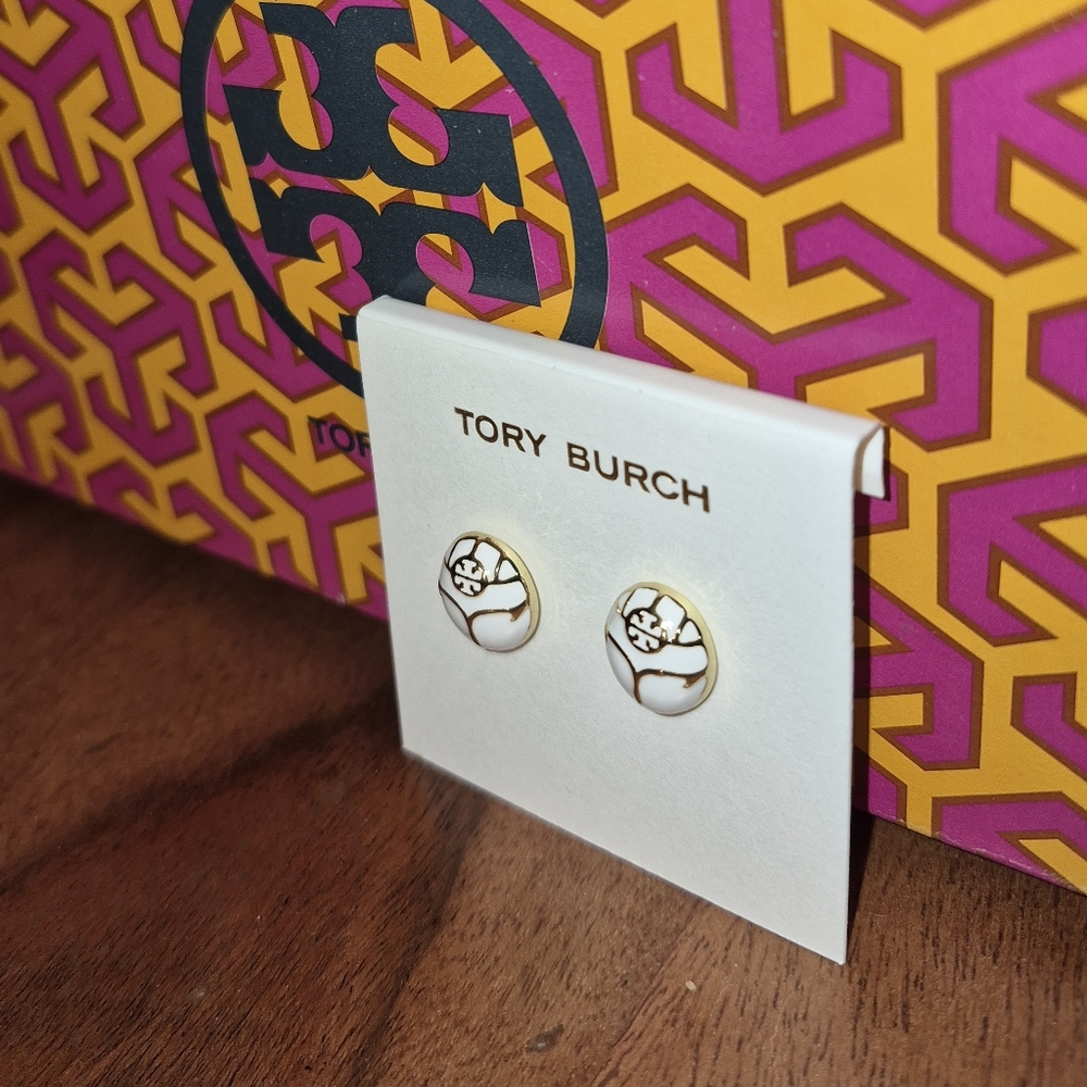 Tory Burch White Enamel Logo Stud Earrings